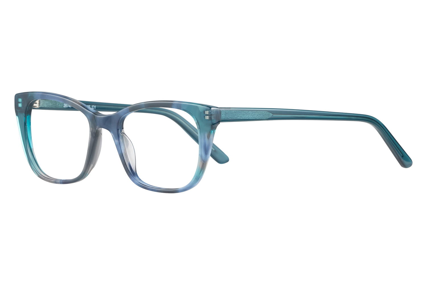 Blue transparent eyeglasses with rectangular frames lying on a white surface, side view showing temples.