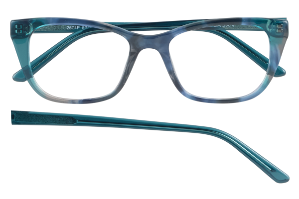 Teal translucent eyeglasses laid flat with one temple detached from the frame.