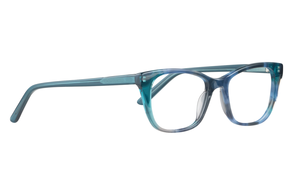Blue translucent eyeglasses with rectangular frames resting on a white surface, photographed up close to show details of the temples and hinges.