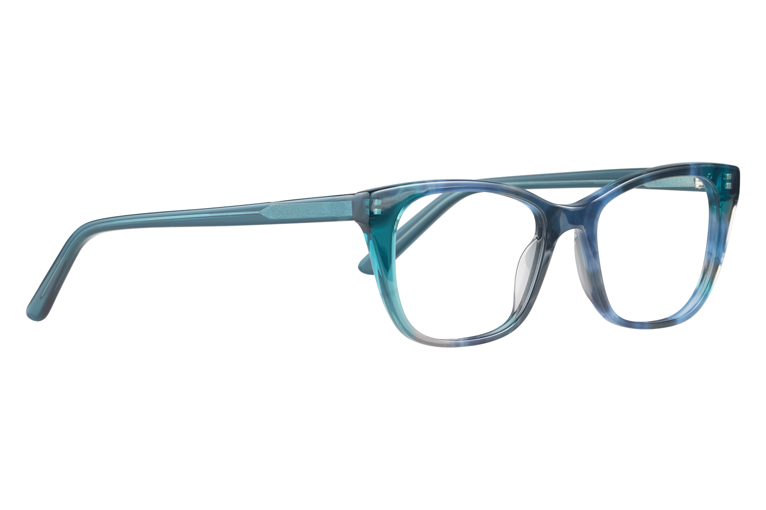 Blue translucent eyeglasses with rectangular frames resting on a white surface, photographed up close to show details of the temples and hinges.