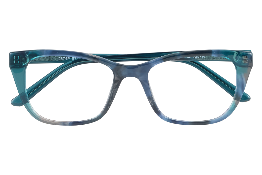Blue-turquoise plastic eyeglasses with rectangular frames resting on a clear display stand.