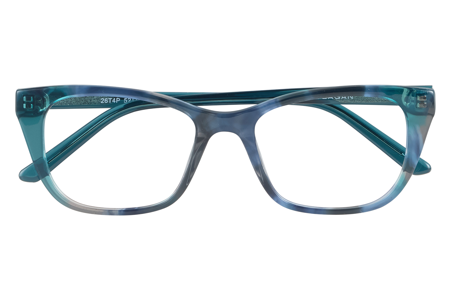 Blue-turquoise plastic eyeglasses with rectangular frames resting on a clear display stand.