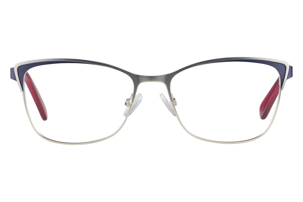 Front view of metal-rimmed eyeglasses with blue temple tips and clear nose pads on a light surface