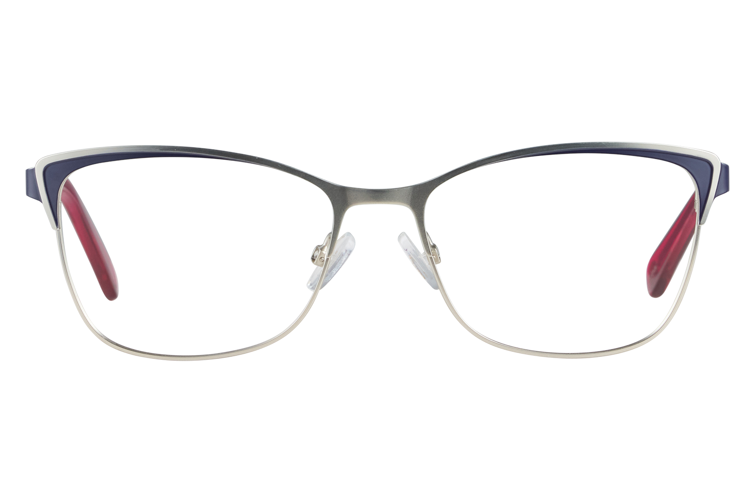Front view of metal-rimmed eyeglasses with blue temple tips and clear nose pads on a light surface