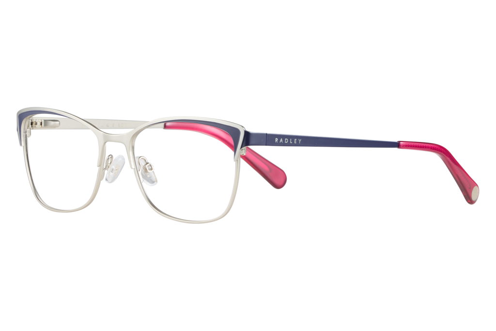 Pair of fashion eyeglasses with a translucent white frame, navy blue temples, pink tips, and Radley branding on the arm.