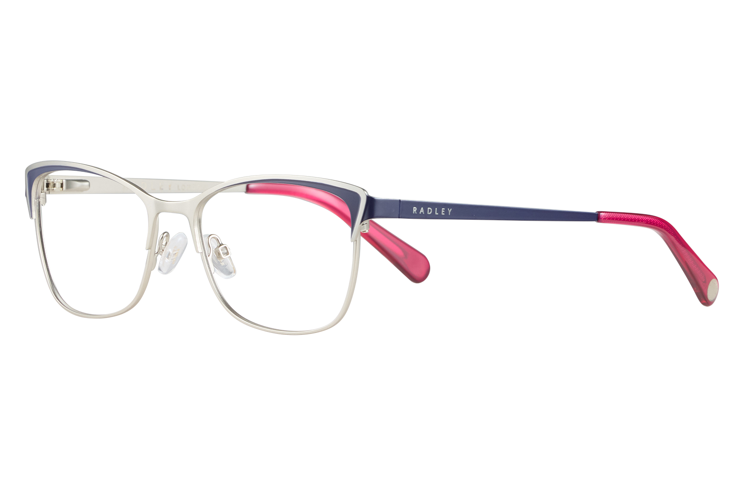 Pair of fashion eyeglasses with a translucent white frame, navy blue temples, pink tips, and Radley branding on the arm.