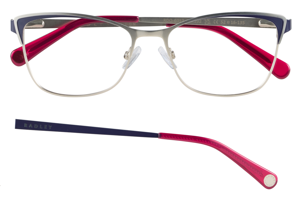 Front view of fashion eyeglasses: thin silver metal frame with color-block arms in blue and pink, clear nose pads, Radley branding on temple ends.