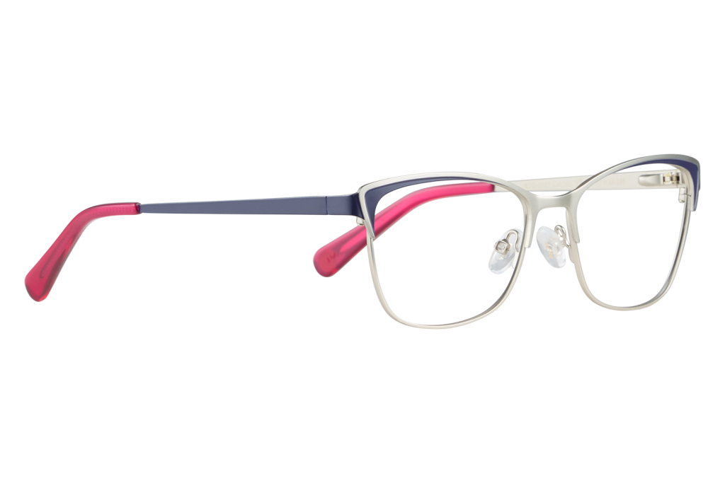 Close-up of stylish eyeglasses with cream frames and pink-purple temples on a white surface, viewed from the side for product detail.