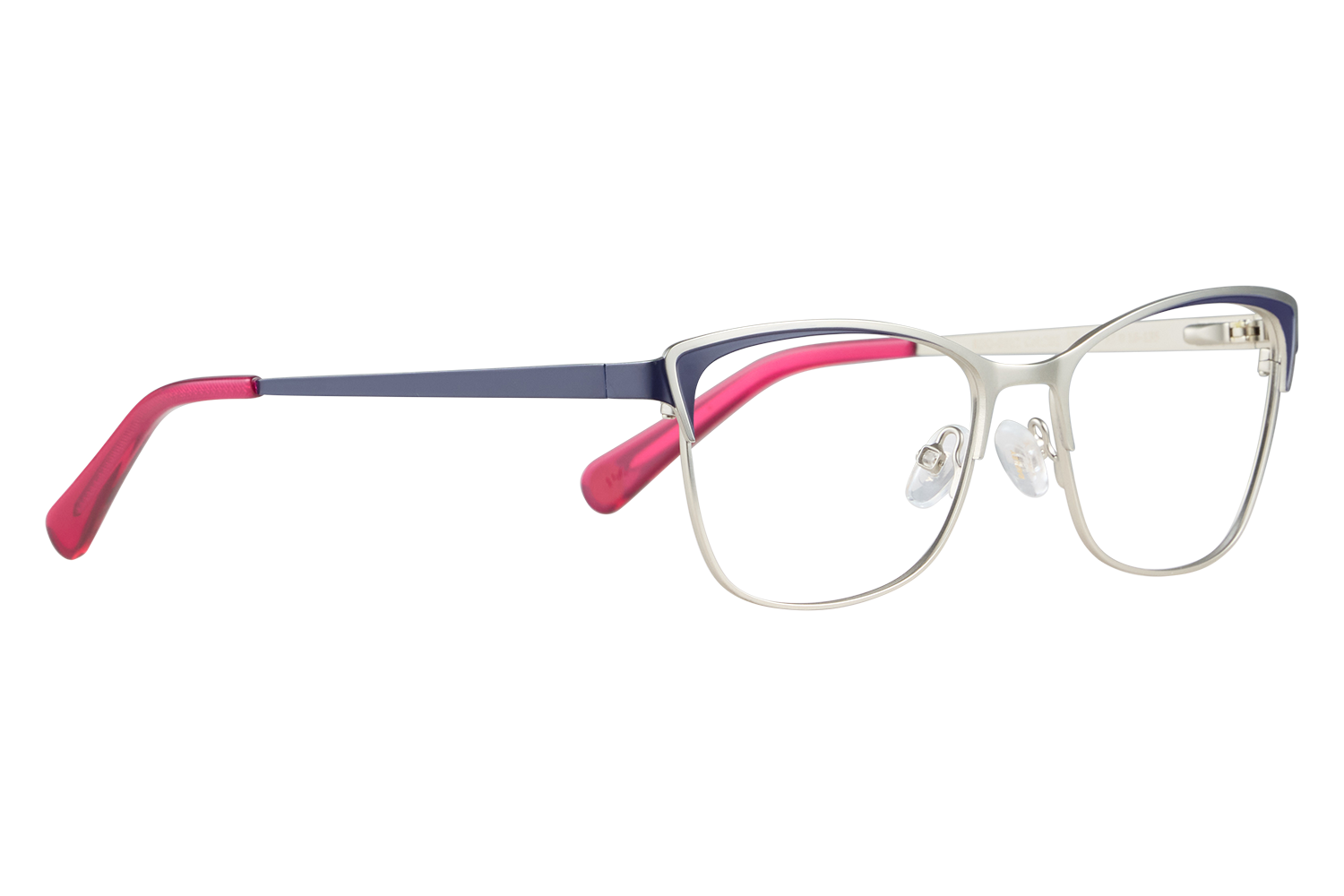Close-up of stylish eyeglasses with cream frames and pink-purple temples on a white surface, viewed from the side for product detail.