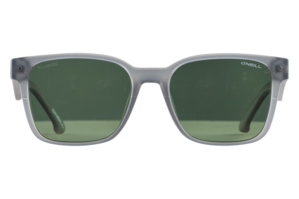Gray frame sunglasses with green polarized lenses, facing forward; O'Neill branding visible.