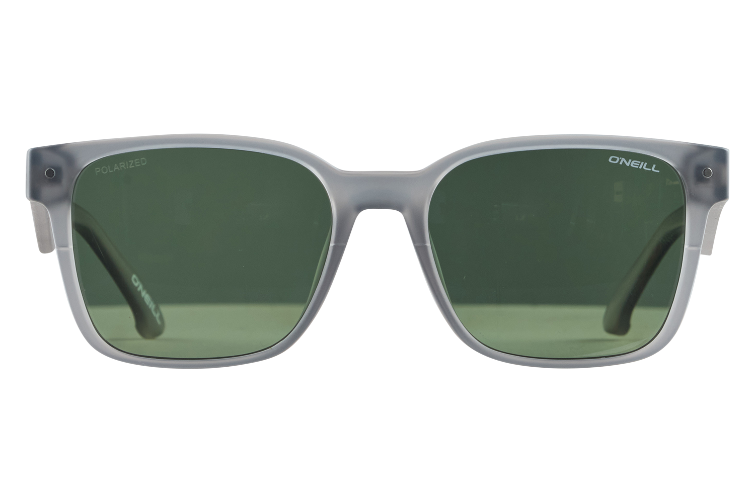 Gray frame sunglasses with green polarized lenses, facing forward; O'Neill branding visible.
