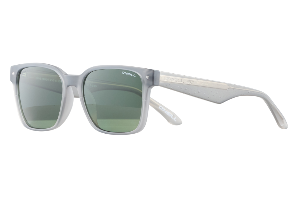 Gray sunglasses with green lenses and O’Neill branding on the temple, close-up product shot.