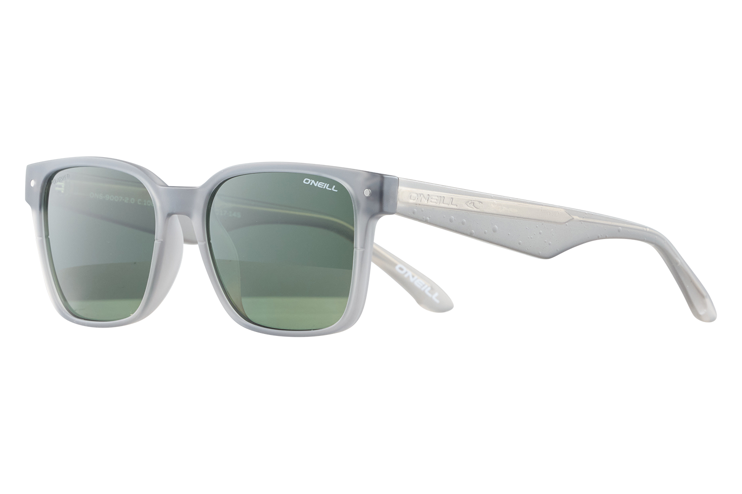 Gray sunglasses with green lenses and O’Neill branding on the temple, close-up product shot.