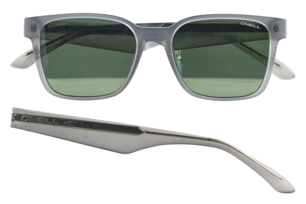 Gray-framed sunglasses with green lenses, O'Neill branding visible on the front and temple (one arm detached).