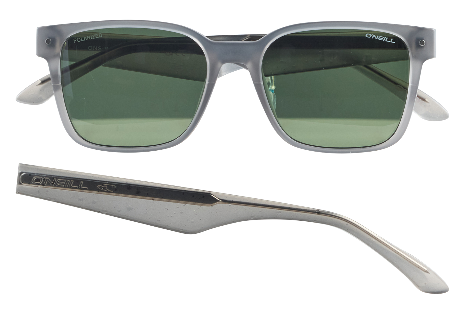 Gray-framed sunglasses with green lenses, O'Neill branding visible on the front and temple (one arm detached).