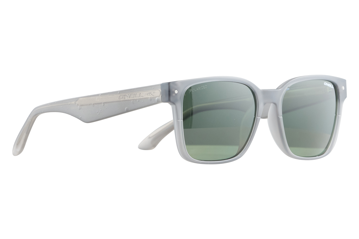 Gray-framed sunglasses with green polarized lenses resting on a white surface; O'Neill branding on the temple.