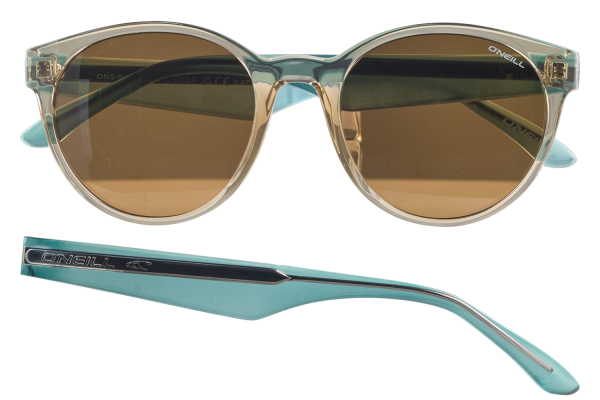 Turquoise O'Neill sunglasses with brown lenses, shown from front and side.