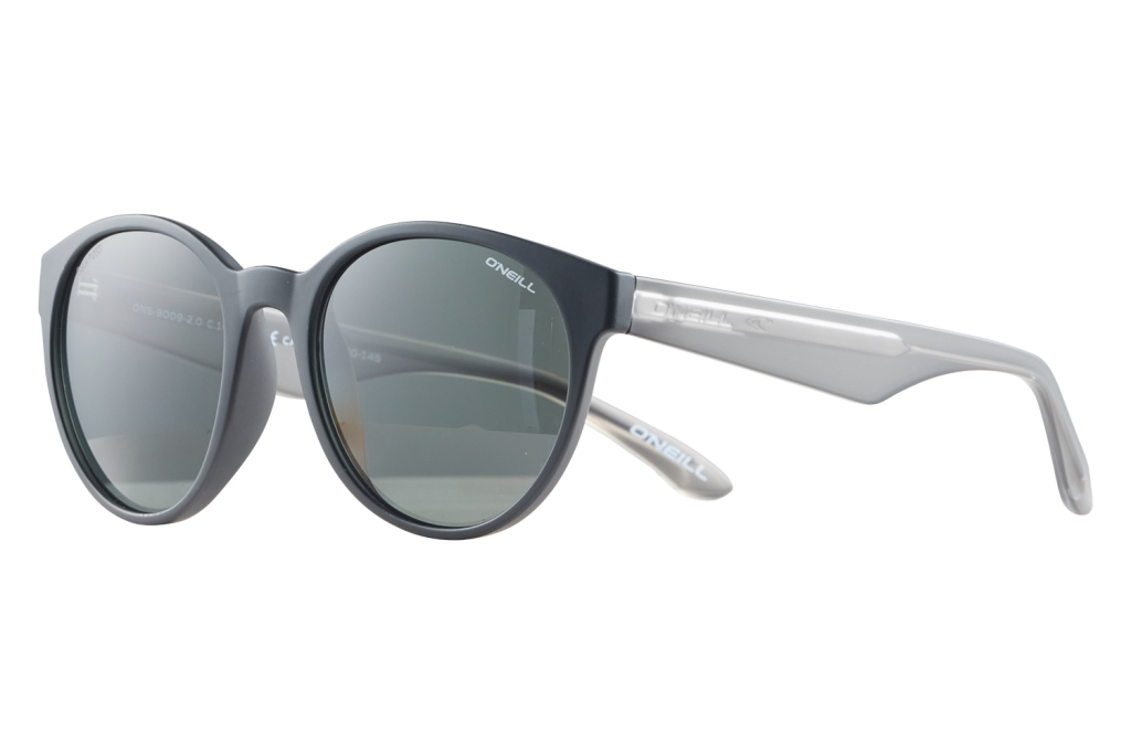 Black round-framed sunglasses with gray temples and O'Neill branding on the arms.