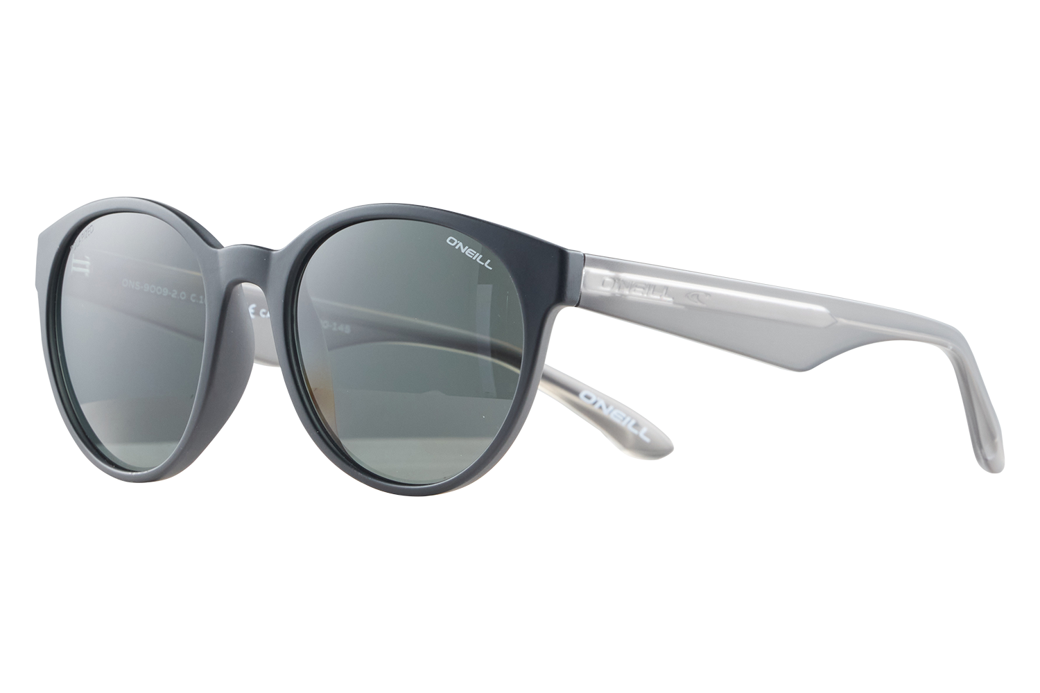 Black round-framed sunglasses with gray temples and O'Neill branding on the arms.