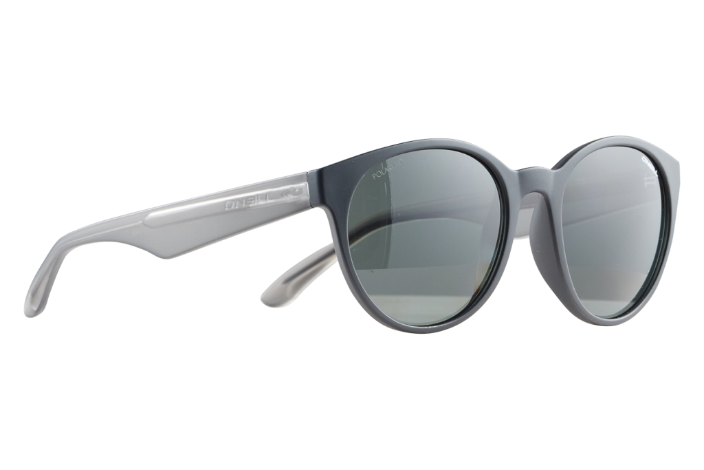 Gray-framed sunglasses with dark lens tints, close-up product shot showing the side arm with the O'Neill branding