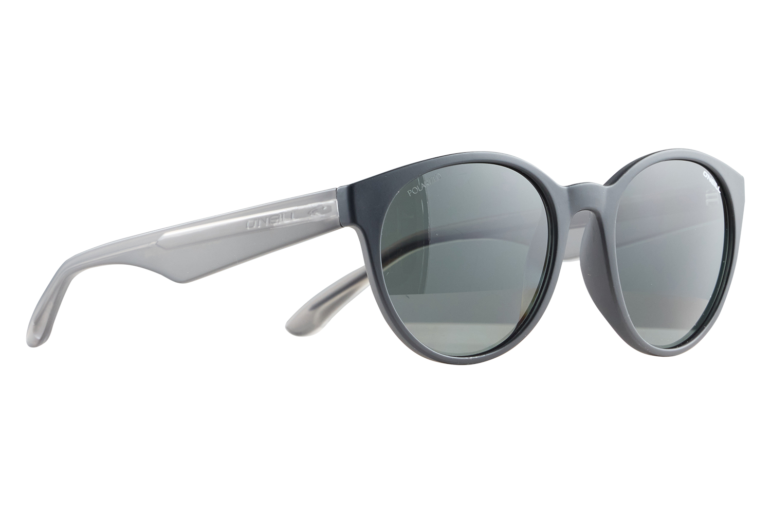 Gray-framed sunglasses with dark lens tints, close-up product shot showing the side arm with the O'Neill branding