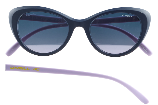 Black cat-eye sunglasses with blue-tade lenses and lavender arms labeled O'Neill. Refined fashion eyewear.