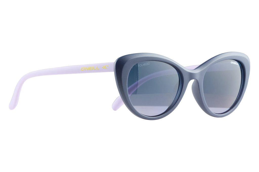 Grey oversized sunglasses with lavender-pink temples and polarized blue-tinted lenses (O'Neill)