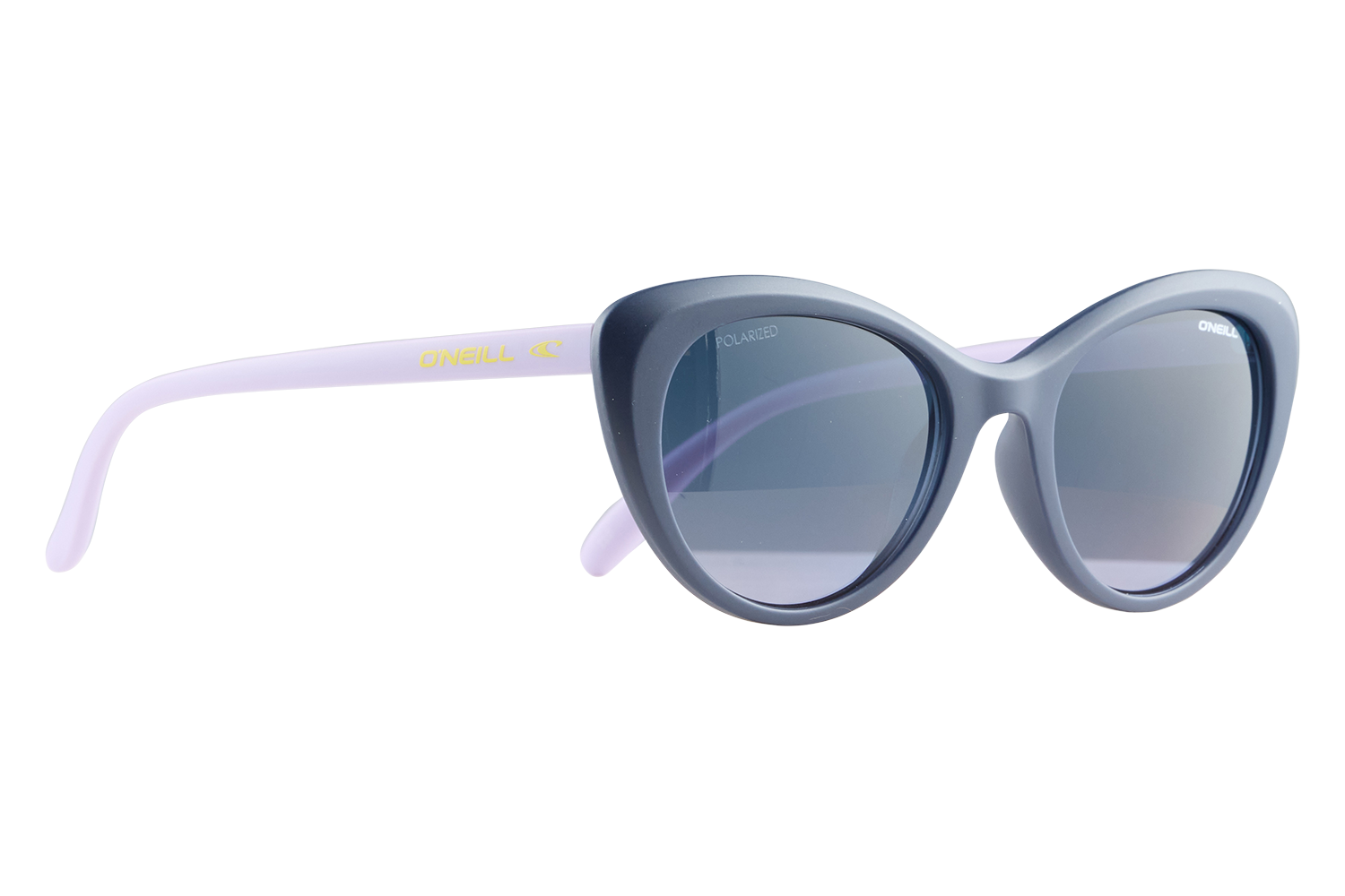 Grey oversized sunglasses with lavender-pink temples and polarized blue-tinted lenses (O'Neill)