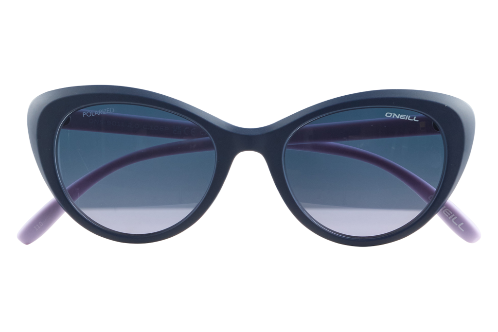 Black oversized sunglasses with purple temples and the O'Neill logo, resting with a small glass bottle between lenses