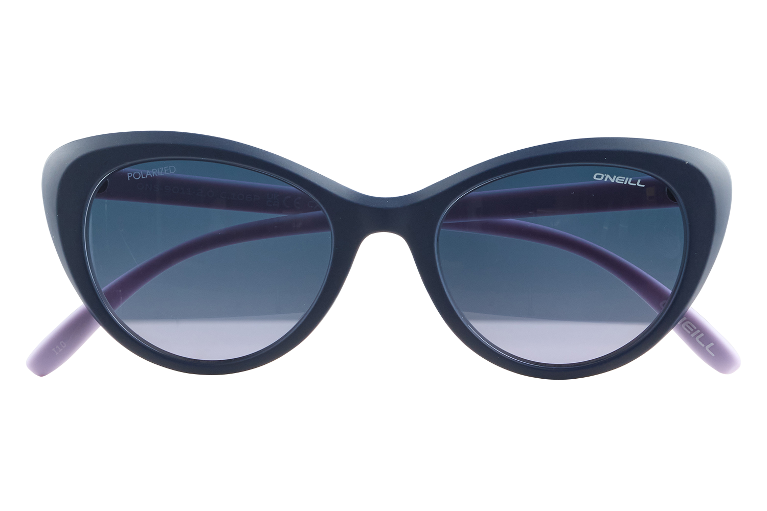 Black oversized sunglasses with purple temples and the O'Neill logo, resting with a small glass bottle between lenses