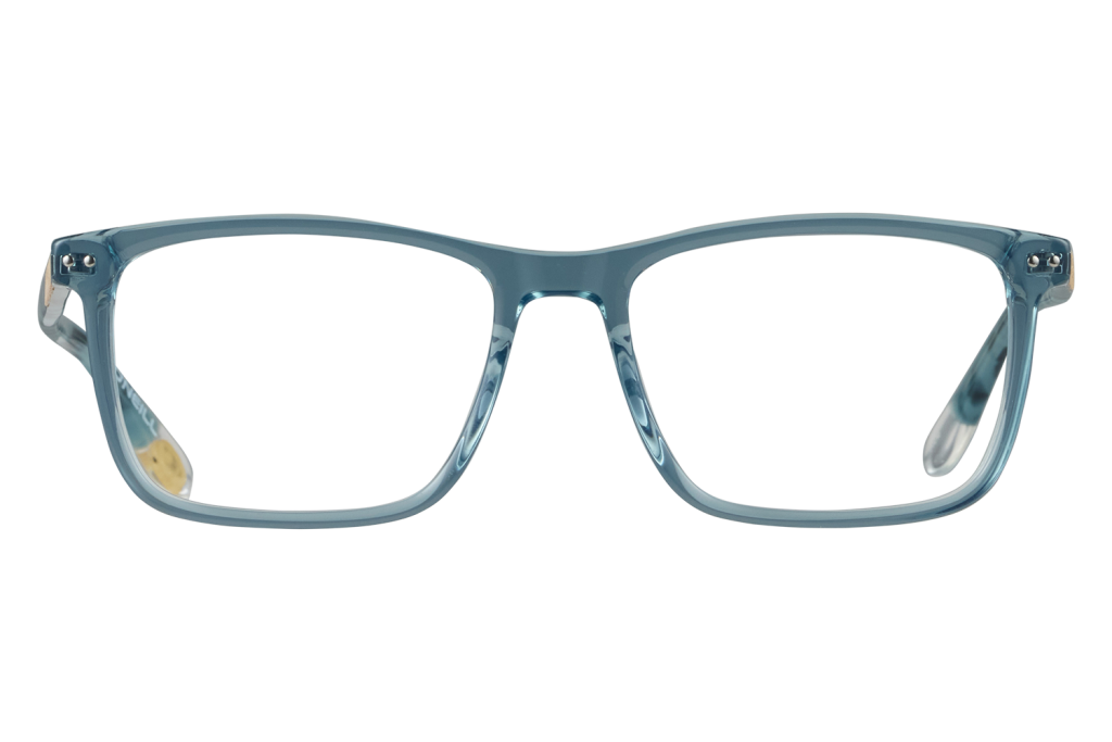 Blue plastic eyeglasses frames shown from the front on a gray backdrop.