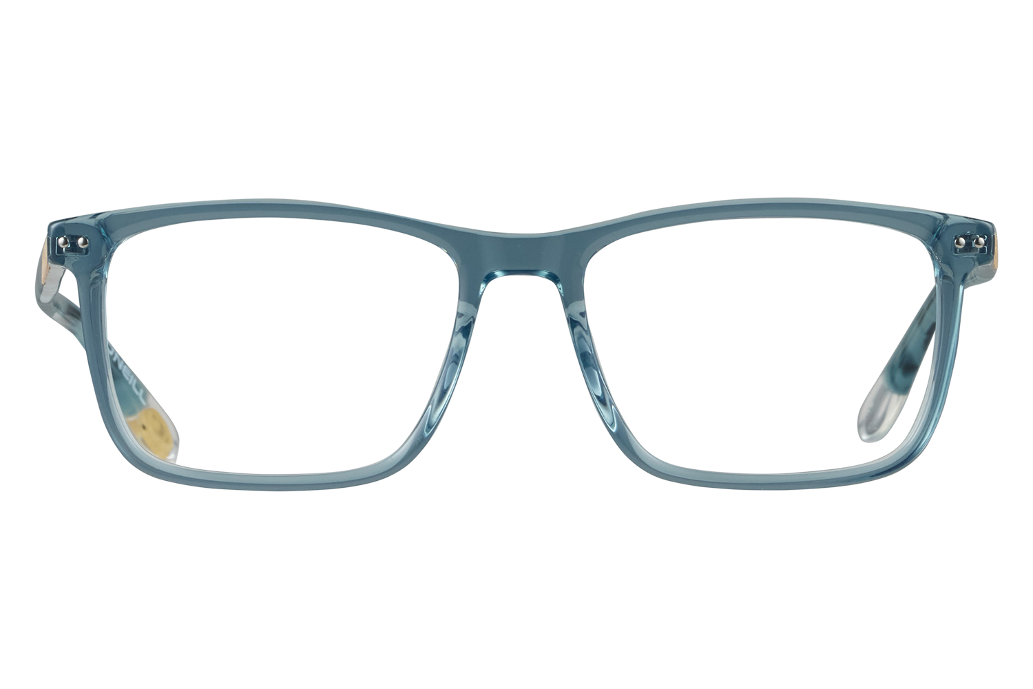 Blue plastic eyeglasses frames shown from the front on a gray backdrop.