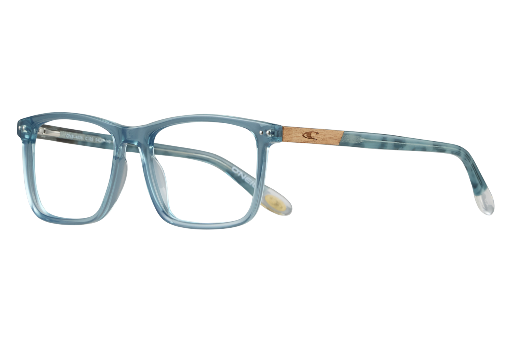 Blue transparent rectangular eyeglasses with a wooden temple tip and light blue arms photographed side-on
