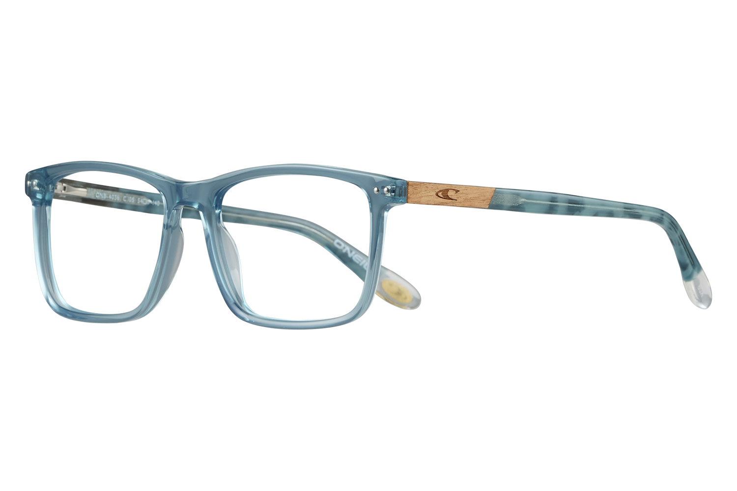 Blue transparent rectangular eyeglasses with a wooden temple tip and light blue arms photographed side-on