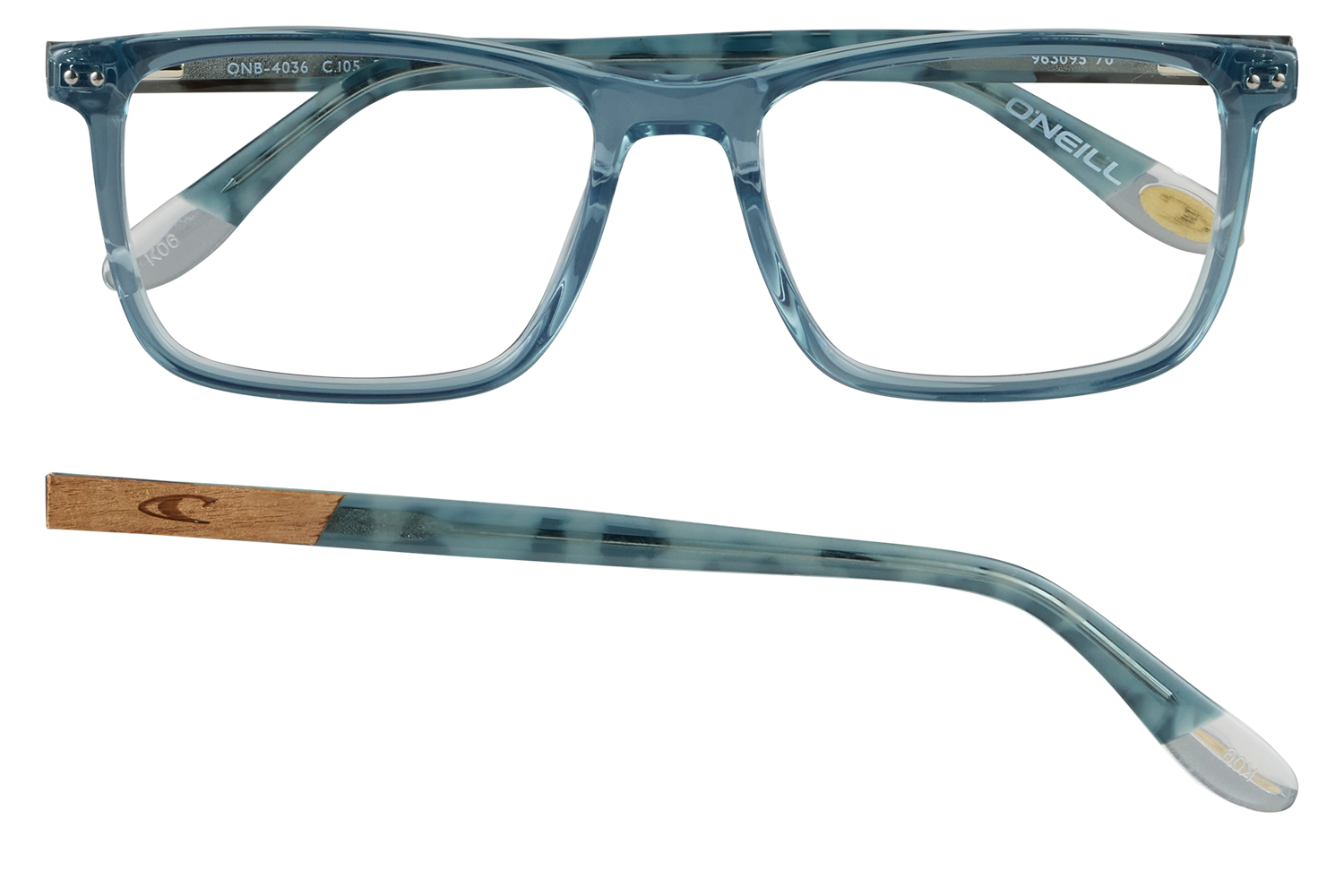 Blue translucent eyeglasses with a wooden temple piece, shown from front and side against a black background, showcasing the frame and arm.