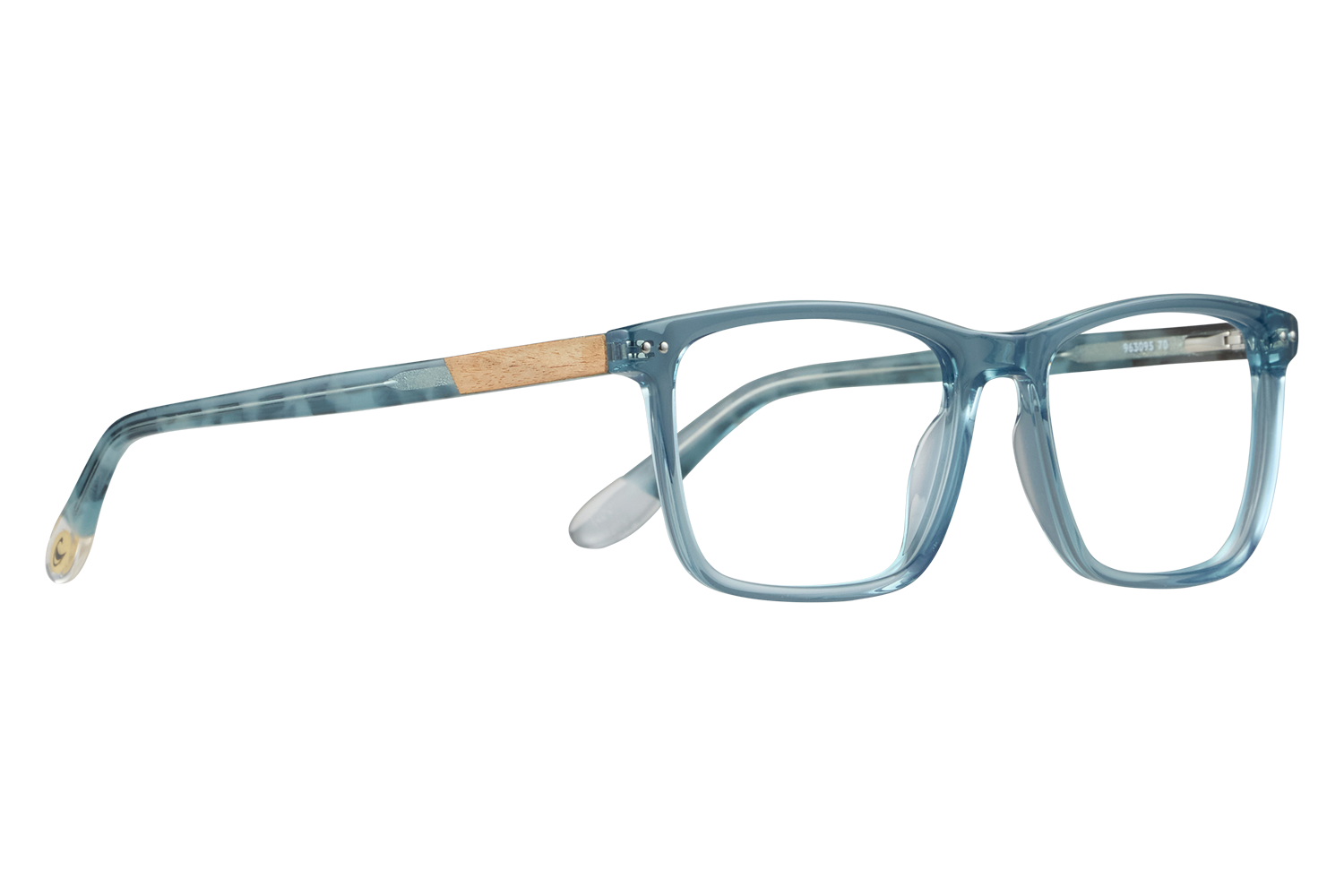Blue translucent eyeglasses with a wood inlay on the temple, resting on a white surface.