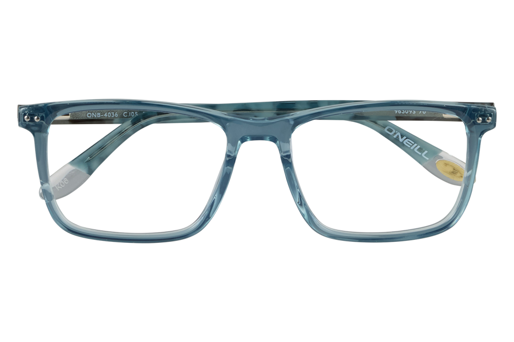 Blue transparent eyeglasses on a clear display stand, front view.