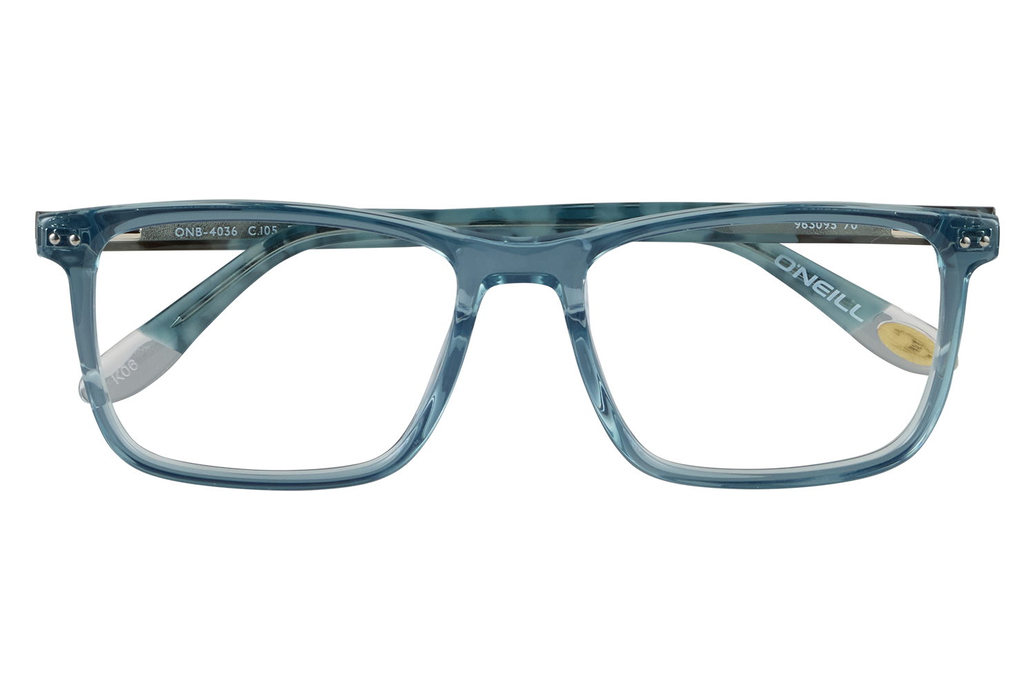 Blue transparent eyeglasses on a clear display stand, front view.