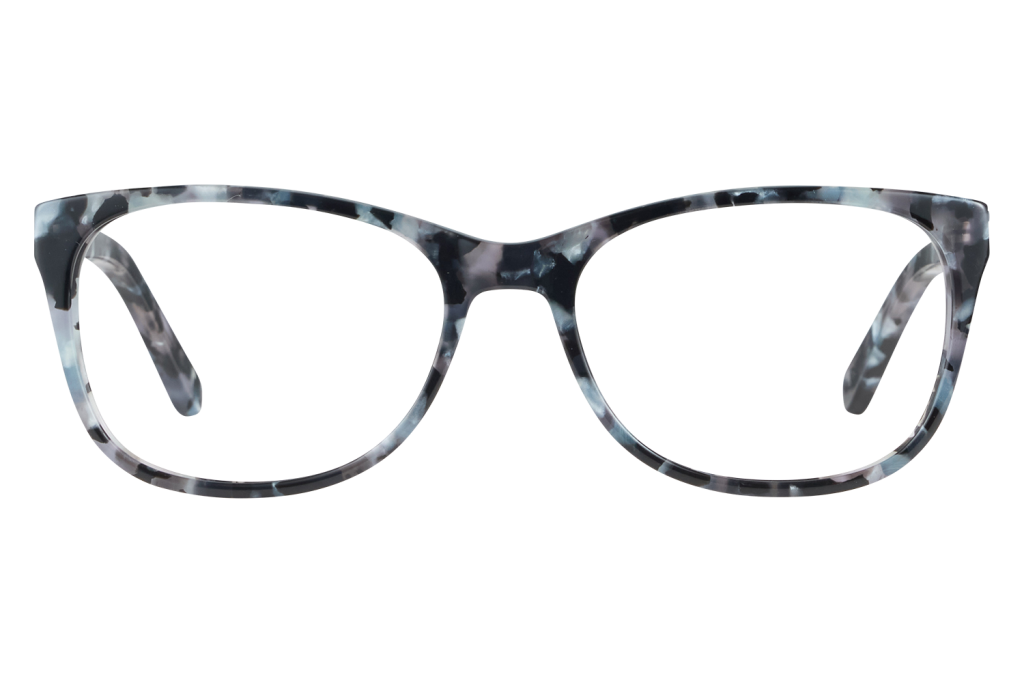 Tortoiseshell eyeglasses with a thick frame resting on a white surface against a gray background