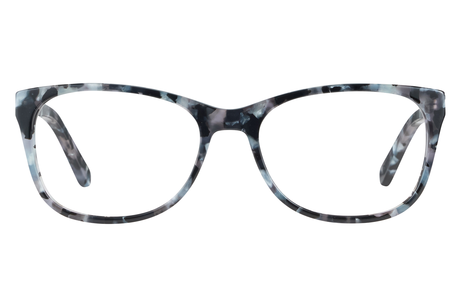 Tortoiseshell eyeglasses with a thick frame resting on a white surface against a gray background