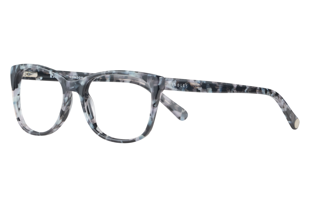 Tortoiseshell eyeglasses with thick rounded frames, brand 'Radley' on the temple, resting on a light surface.