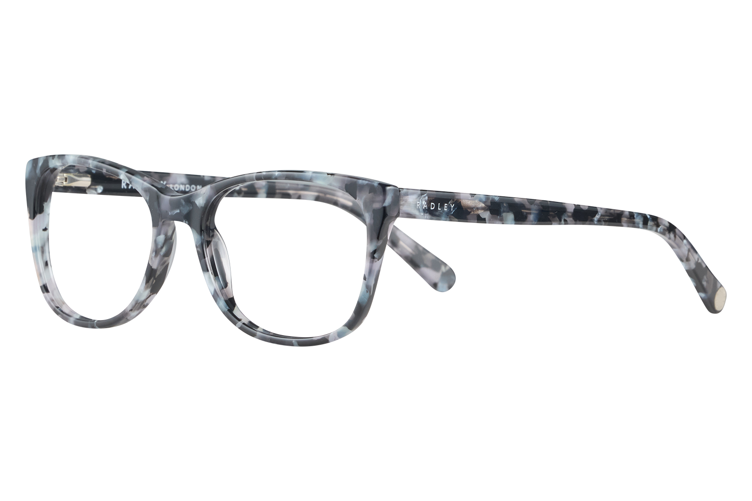 Tortoiseshell eyeglasses with thick rounded frames, brand 'Radley' on the temple, resting on a light surface.