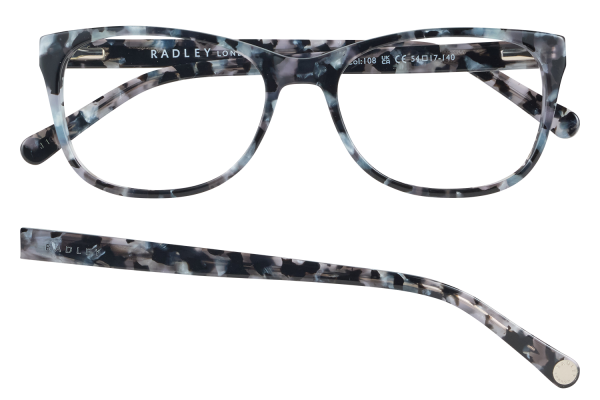 Front view of blue-gray camo-pattern eyeglasses by Radley London with a separate temple bar shown below.