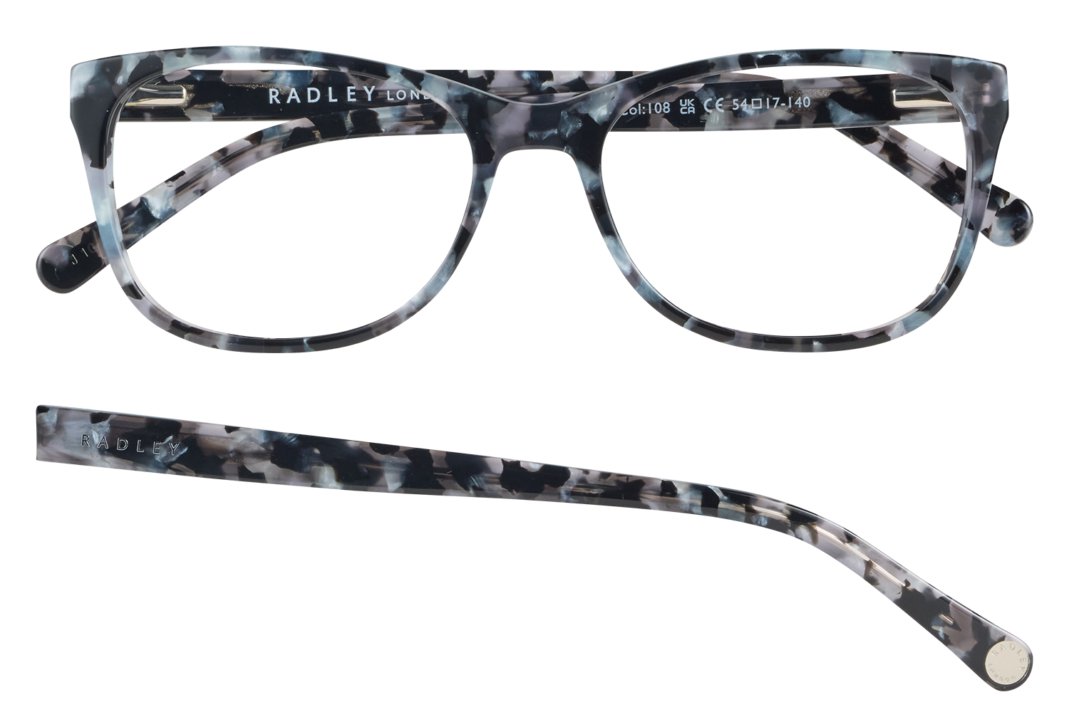 Front view of blue-gray camo-pattern eyeglasses by Radley London with a separate temple bar shown below.