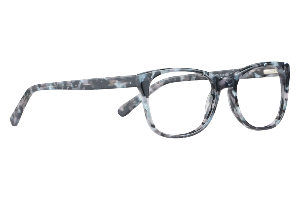 Marbled gray-blue eyeglasses with a thick frame resting on a white surface against a light gray background.