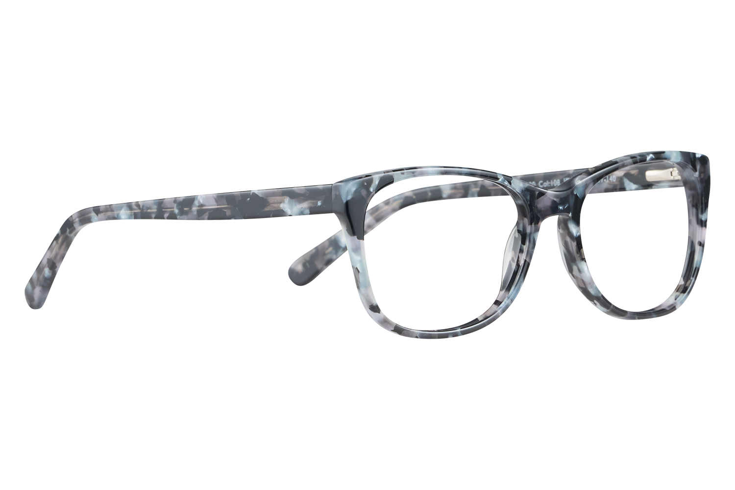 Marbled gray-blue eyeglasses with a thick frame resting on a white surface against a light gray background.
