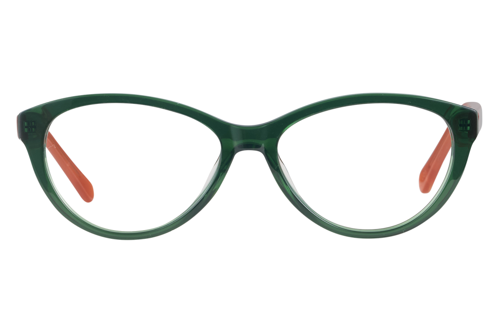 Close-up of green plastic eyeglasses with orange temple tips on a pale surface.