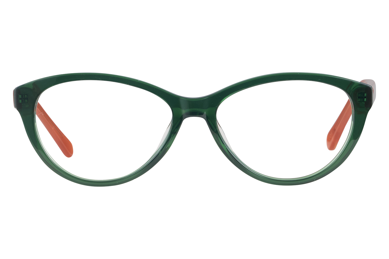 Close-up of green plastic eyeglasses with orange temple tips on a pale surface.
