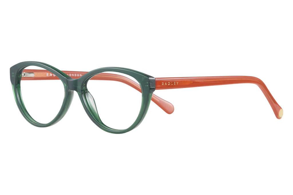 Round green eyeglasses with orange temples, Radley brand visible on the arm