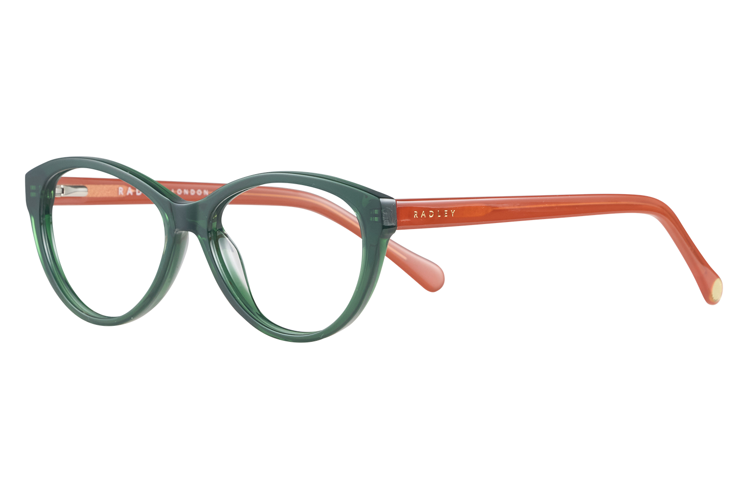Round green eyeglasses with orange temples, Radley brand visible on the arm